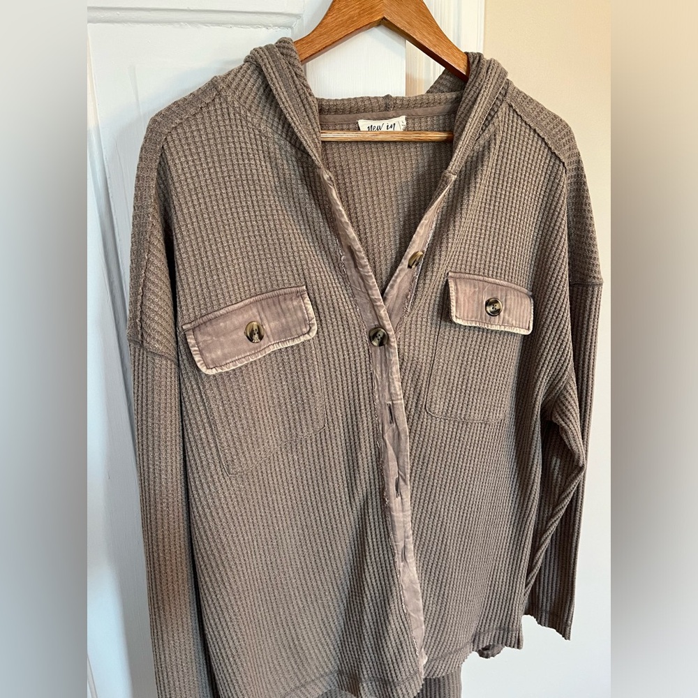 Tan/light brown oversized button up hooded sweatshirt/jacket. New In, Size L